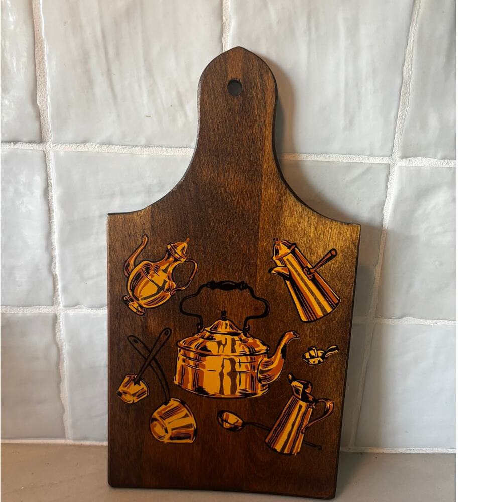 Vintage MCM Wood Trivet Wall Plaque Copper Kettle Coffee Pot Kitchen Decor Retro